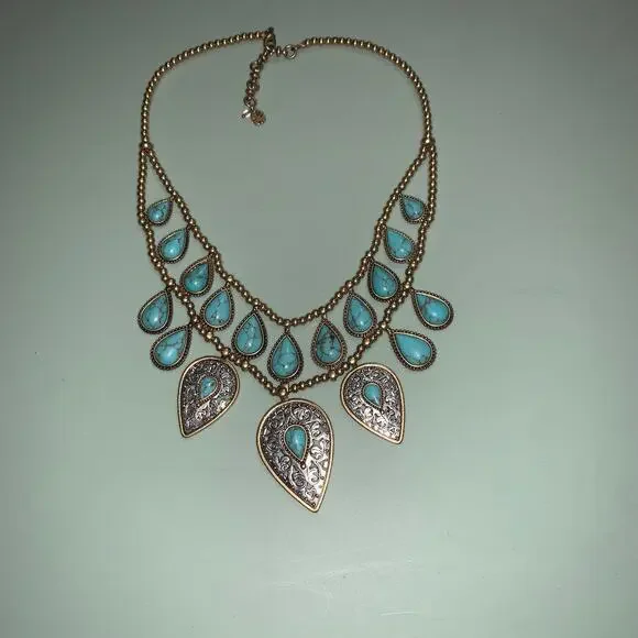lucky brand gold tone turquoise two-row tear drop necklace - Picture 3 of 8